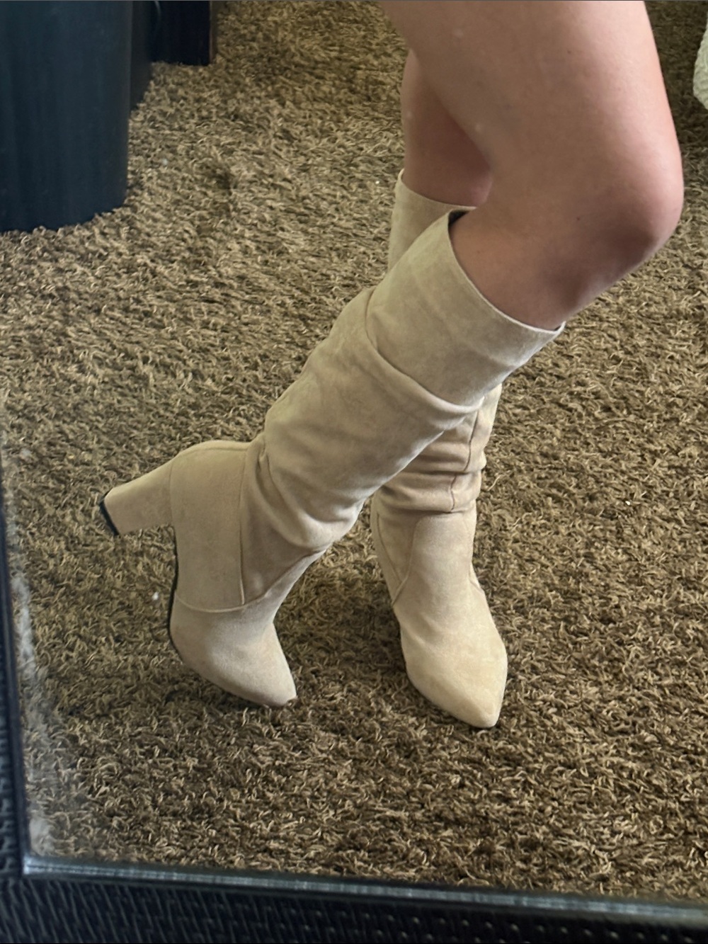 Knee-High Pointed-Toe Heeled Boots in Beige